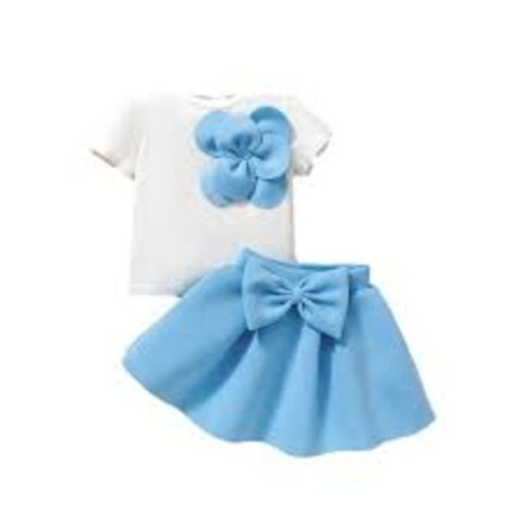 -vivomartbd-2025 New Cute Girl Suit Sky Blue 3D Flower Short-sleeved T-shirt Bow Pleated Skirt